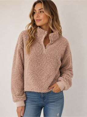 Love Tree Teddy Fleece Pullover Quarter Snap Jacket Blush Beige Size Medium
